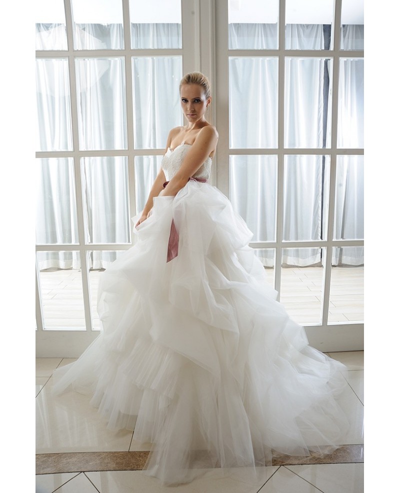 Ball-Gown Sweetheart Court Train Organza Wedding Dress With Appliques Lace Cascading Ruffles Bow - Click Image to Close