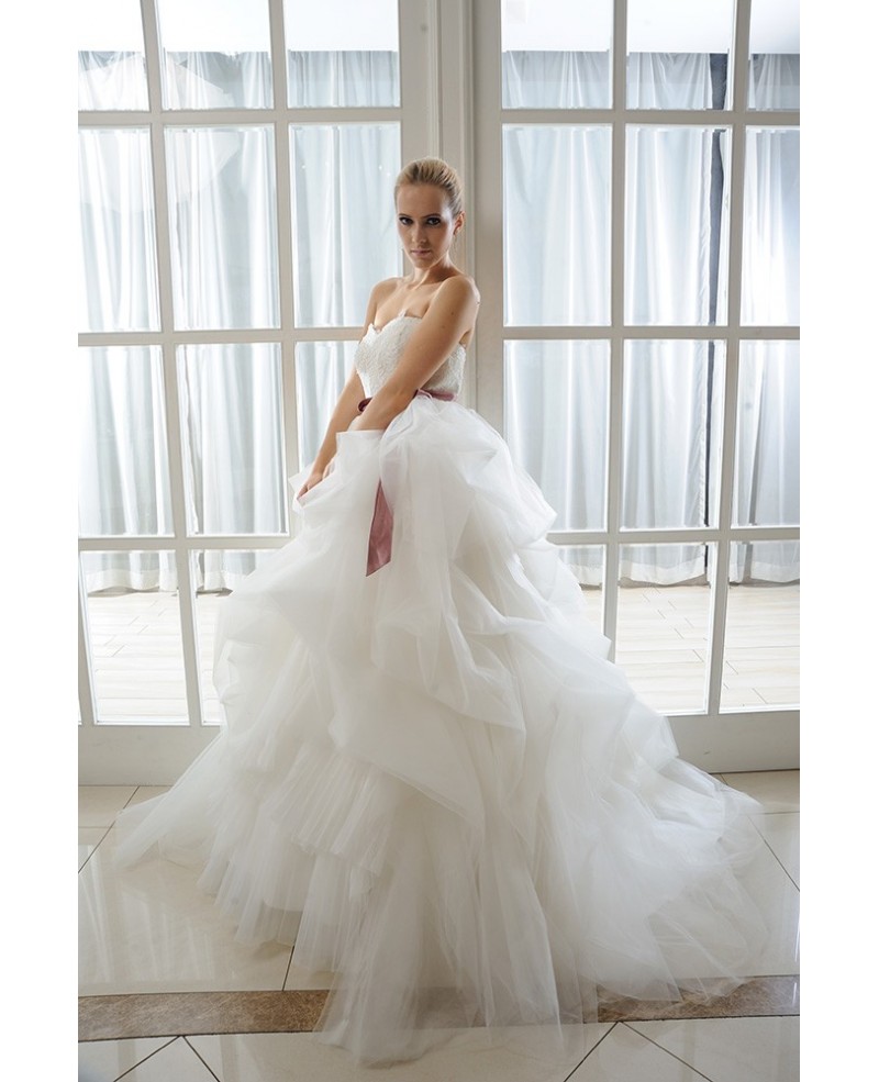 Ball-Gown Sweetheart Court Train Organza Wedding Dress With Appliques Lace Cascading Ruffles Bow