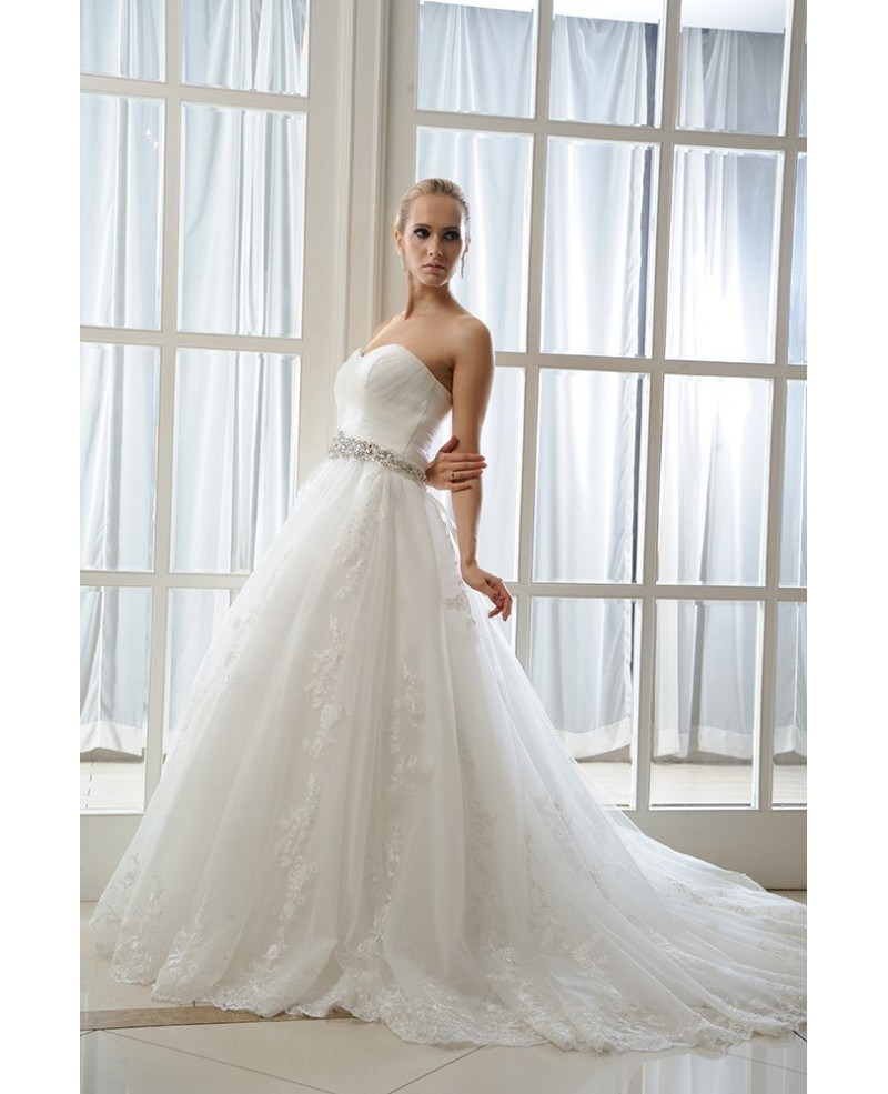 A-Line Sweetheart Court Train Organza Wedding Dress With Beading Appliques Lace