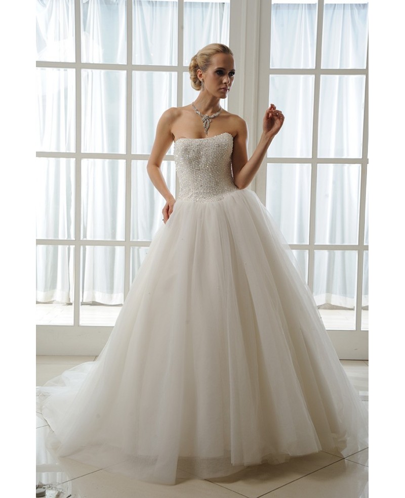 Ball-Gown Strapless Cathedral Train Tulle Wedding Dress With Beading