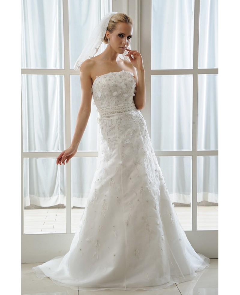 A-Line Strapless Court Train Tulle Wedding Dress With Beading Appliques Lace Bow