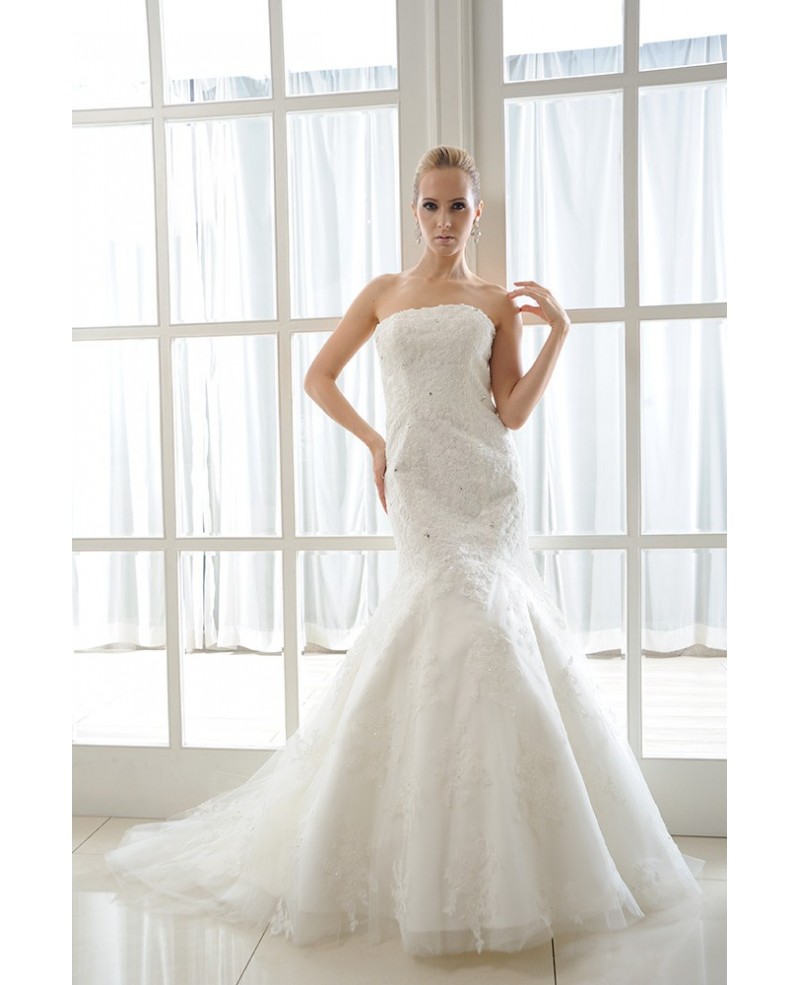 Mermaid Strapless Chapel Train Tulle Wedding Dress With Beading Appliques Lace