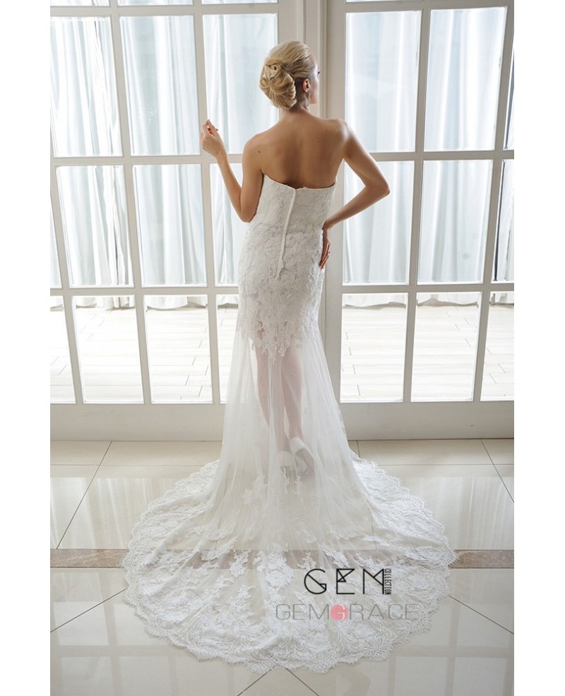 Sheath Strapless Court Train Tulle Wedding Dress With Appliques Lace