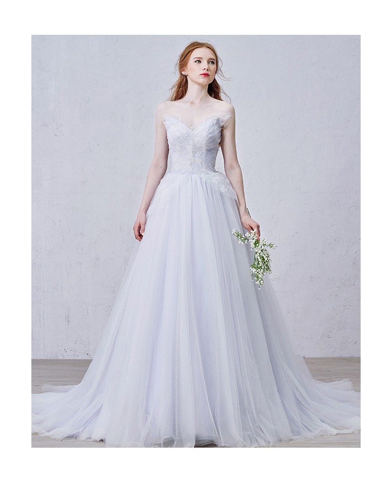 Romantic A-Line V-neck Court Train Tulle Wedding Dress With Beading