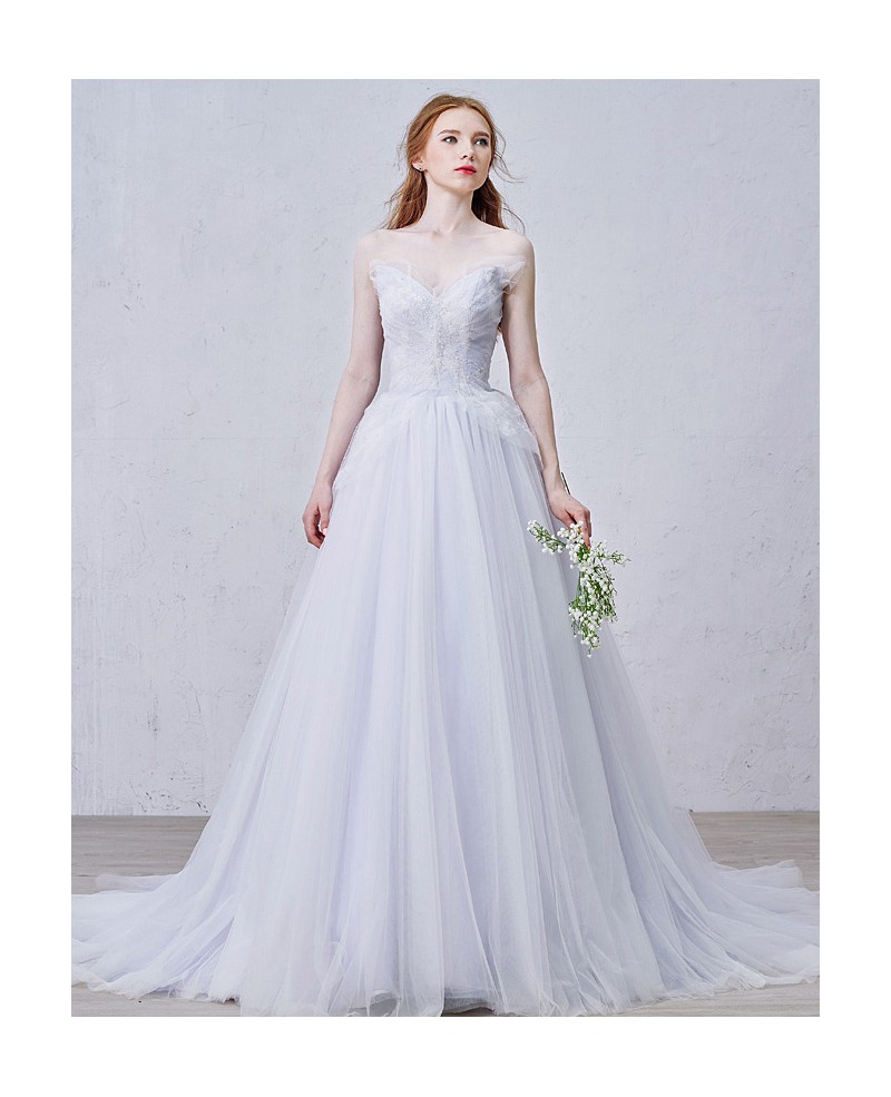 Romantic A-Line V-neck Court Train Tulle Wedding Dress With Beading - Click Image to Close