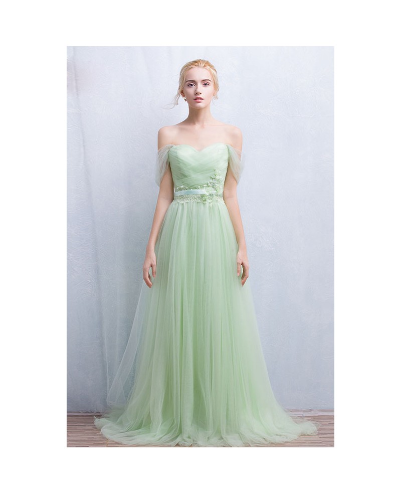 Romantic A-Line Off-the-Shoulder Floor-Length Tulle Bridesmaid Dress With Appliques Lace
