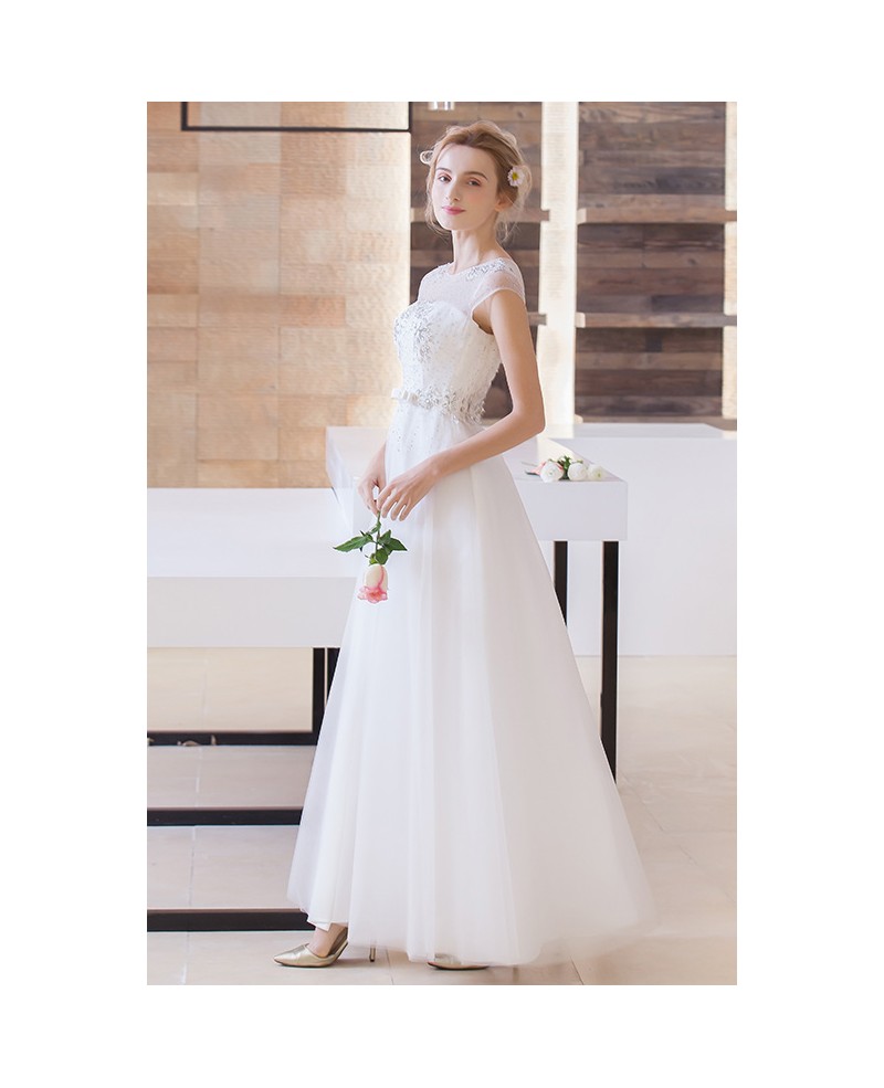 Modest A-Line Scoop Neck Floor-Length Organza Wedding Dress With Beading