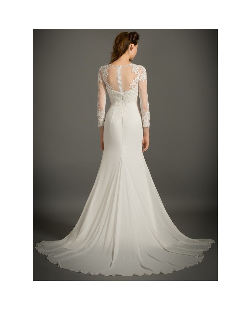 Elegant Mermaid Scoop Neck Sweep Train Chiffon Wedding Dress With Appliques Lace - Click Image to Close