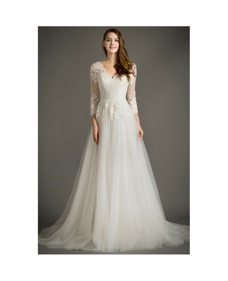 Feminine A-Line V-Neck Sweep Train Tulle Wedding Dress With Appliques Lace