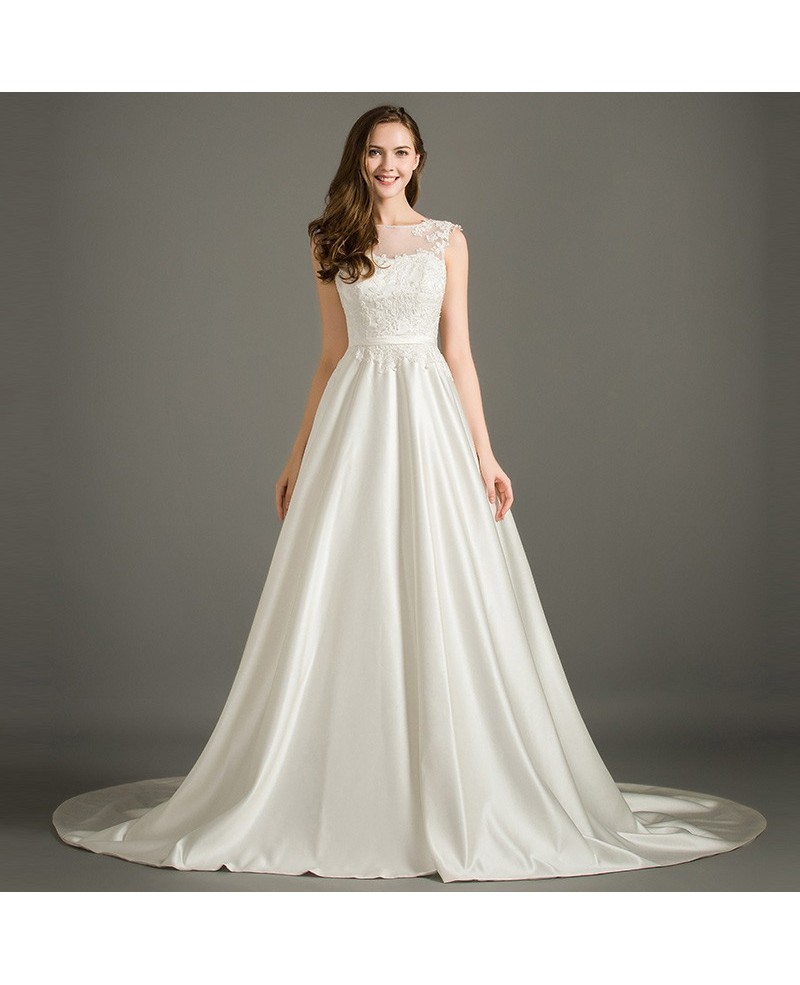 Elegant A-Line Scoop Neck Court Train Satin Wedding Dress With Appliques Lace