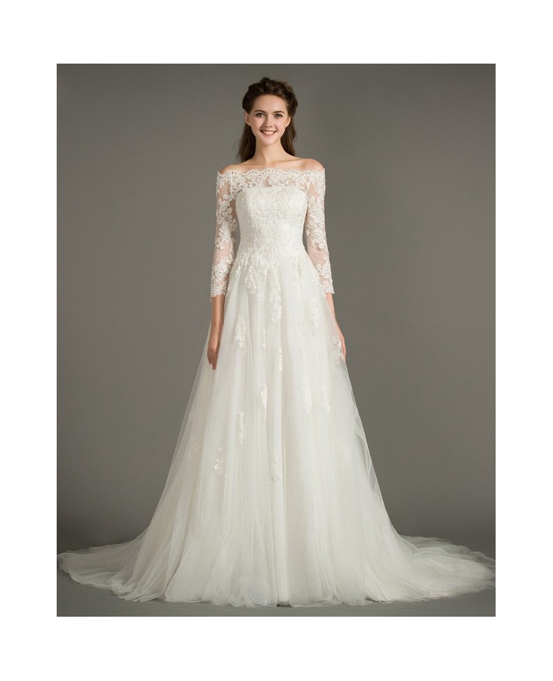 Dreamy A-Line Off-the-Shoulder Court Train Tulle Wedding Dress With Appliques Lace