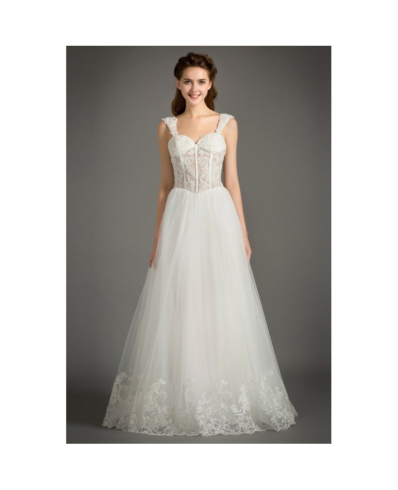 Feminine A-Line Sweetheart Floor-Length Tulle Wedding Dress With Appliques Lace