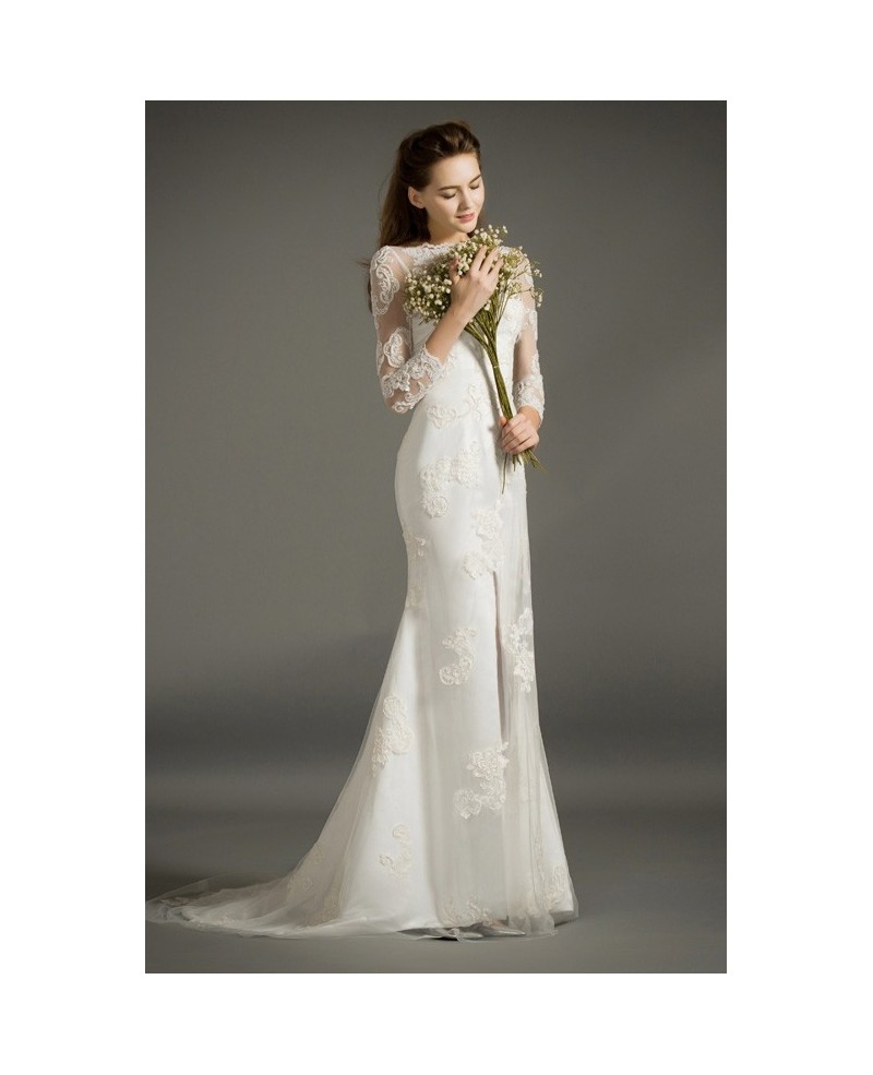 Stylish Sheath Scoop Neck Sweep Train Tulle Satin Wedding Dress With Appliques Lace