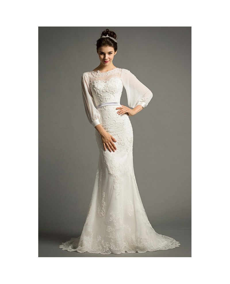 Elegant Mermaid Scoop Neck Sweep Train Tulle Wedding Dress With Appliques Lace