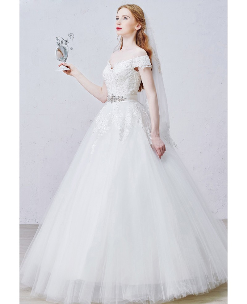 Romantic Ball-Gown Off-the-Shoulder Sweep Train Tulle Wedding Dress With Beading Appliques Lace