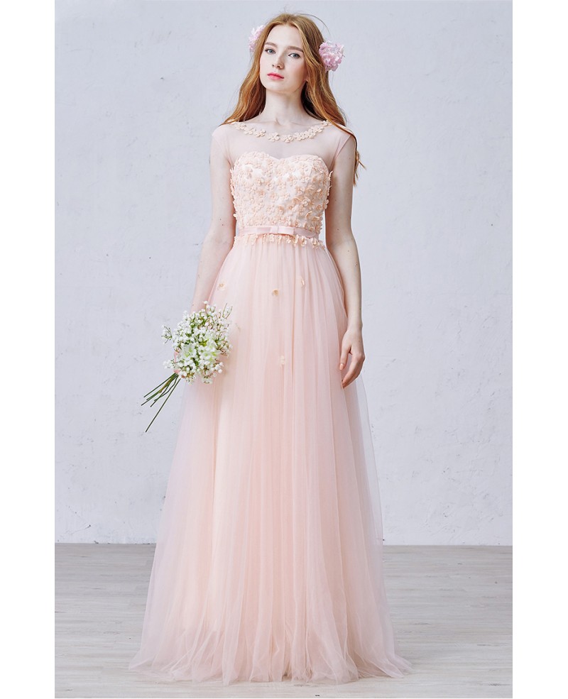 Romantic A-Line Scoop Neck Floor-Length Tulle Wedding Dress With Flowers