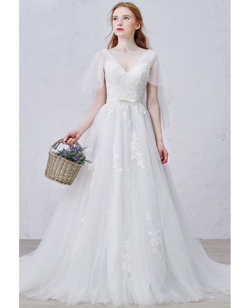 Graceful A-Line V-neck Sweep Train Tulle Wedding Dress With Appliques Lace