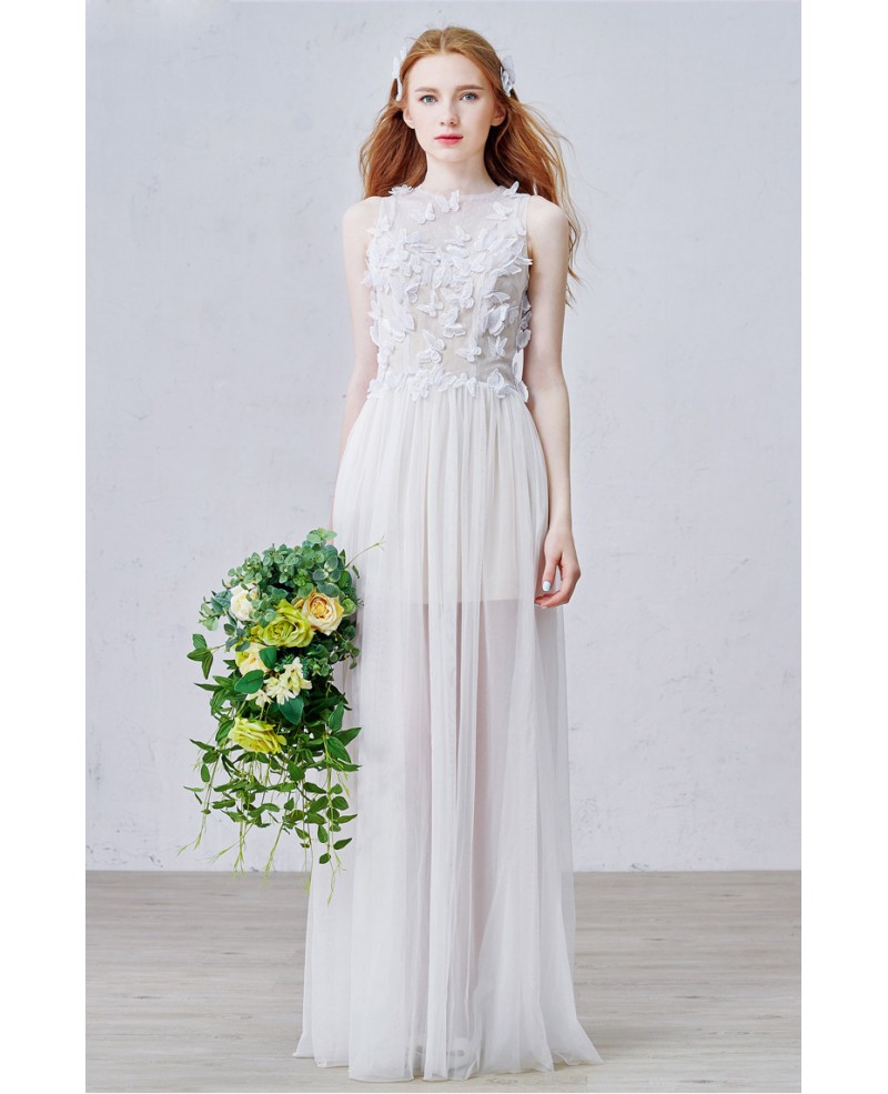 Graceful A-Line Scoop Neck Floor-Length Tulle Wedding Dress With Flowers