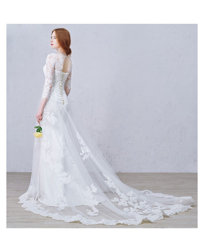 Elegant A-Line Scoop Neck Sweep Train Tulle Wedding Dress With Appliques Lace