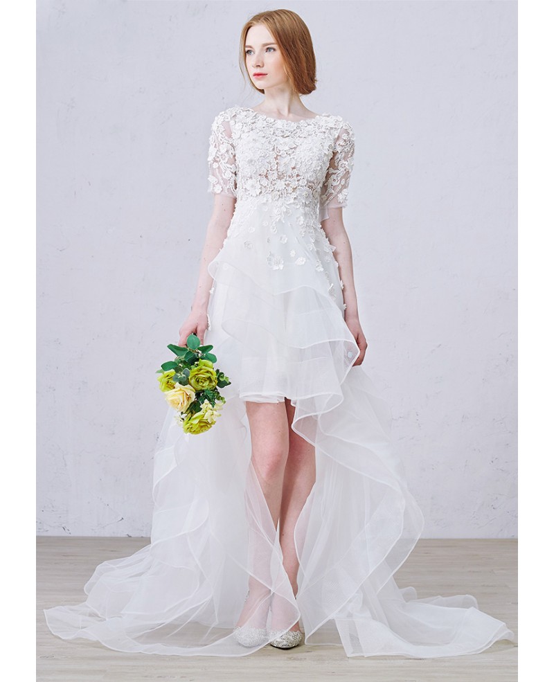 Stylish A-Line Scoop Neck Asymmetrical Organza Wedding Dress With Appliques Lace