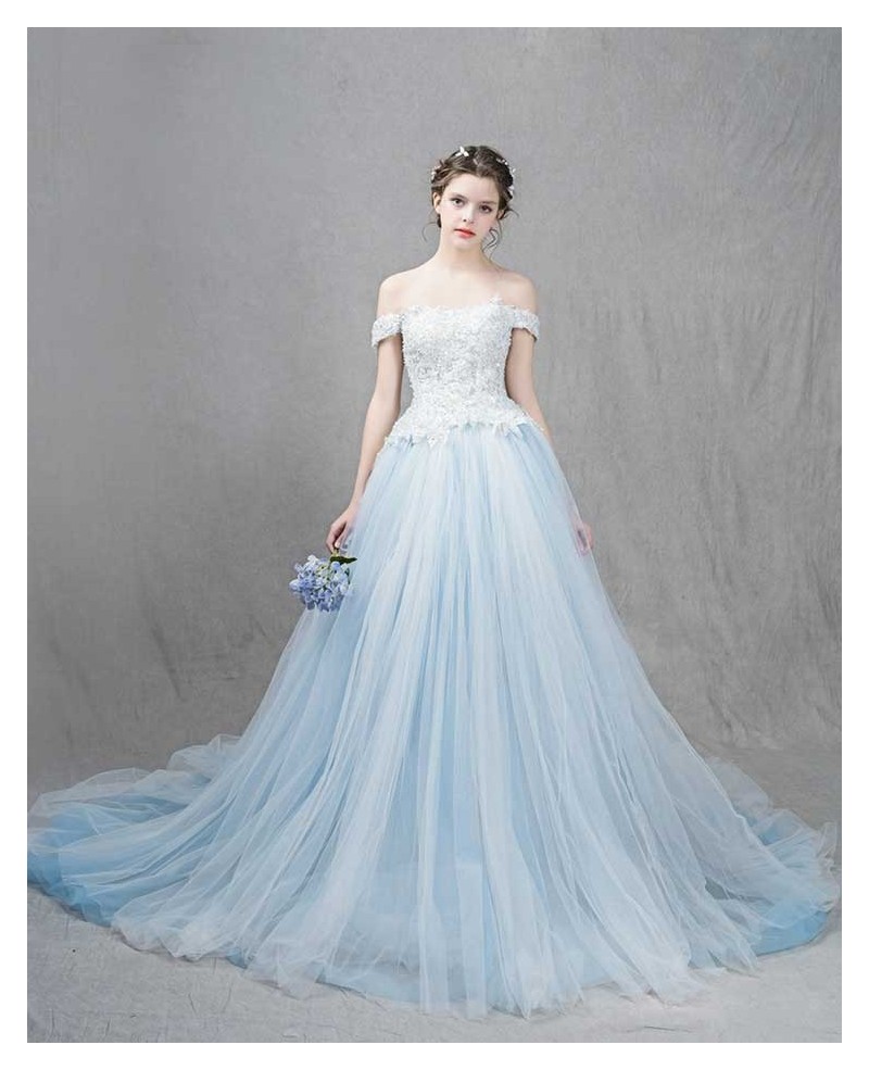 Romantic Ball-Gown Off-the-Shoulder Sweep Train Tulle Wedding Dress With Appliques Lace