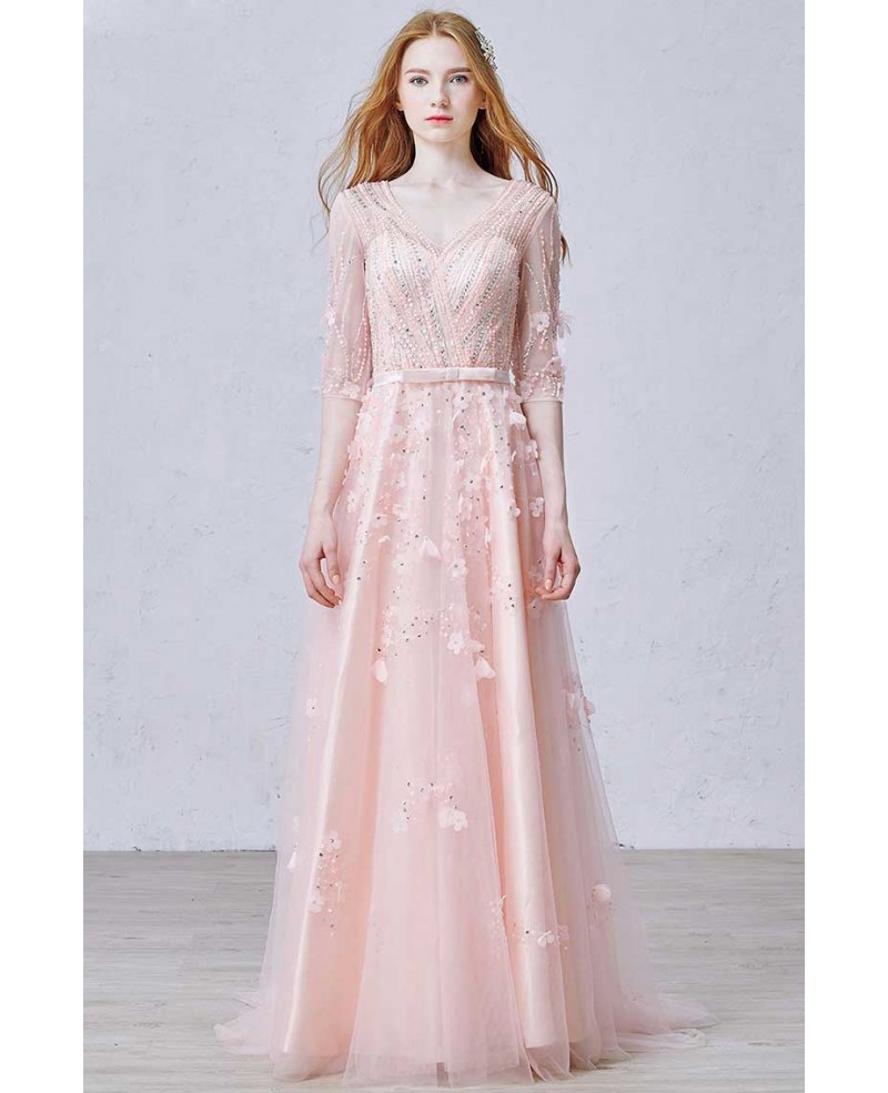 Feminine A-Line V-neck Floor-Length Tulle Wedding Dress With Beading Flowers