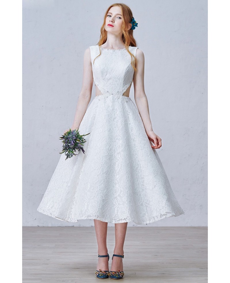 Chic A-Line Scoop Neck Tea-Length Lace Wedding Dress With Beading