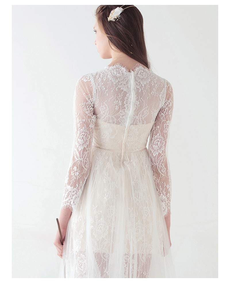 Modest A-Line High Neck Knee-Length Lace Tulle Wedding Dress - Click Image to Close