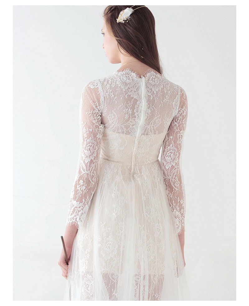 Modest A-Line High Neck Knee-Length Lace Tulle Wedding Dress