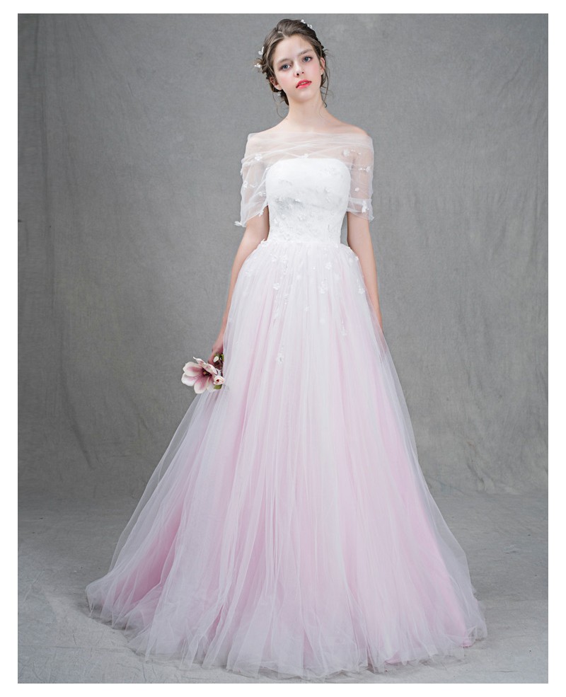 Feminine Ball-Gown Strapless Sweep Train Tulle Wedding Dress With Flowers
