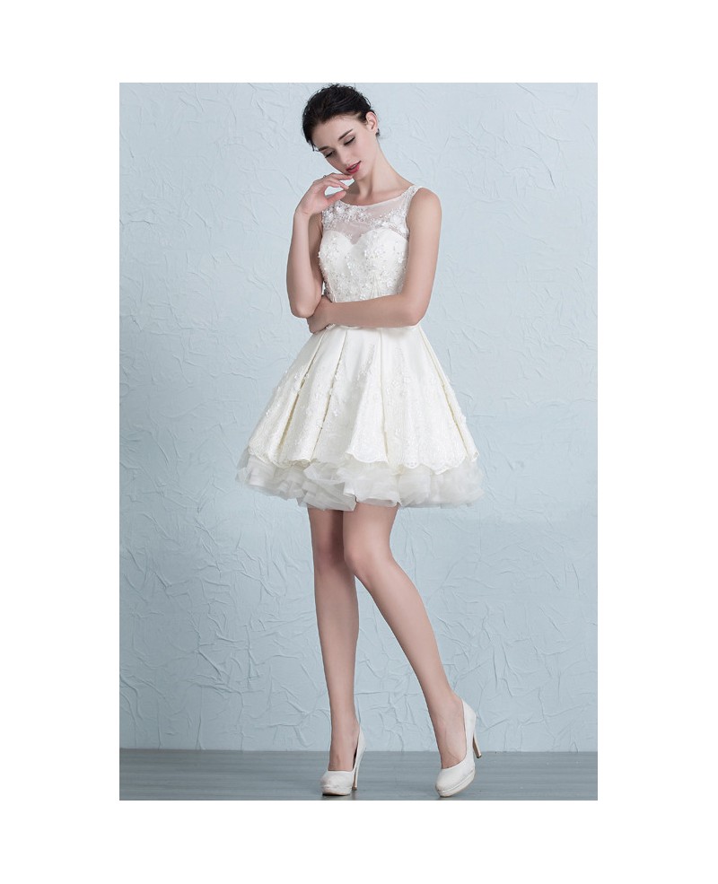 Stylish A-Line Scoop Neck Short Satin Tulle Wedding Dress With Appliques Lace