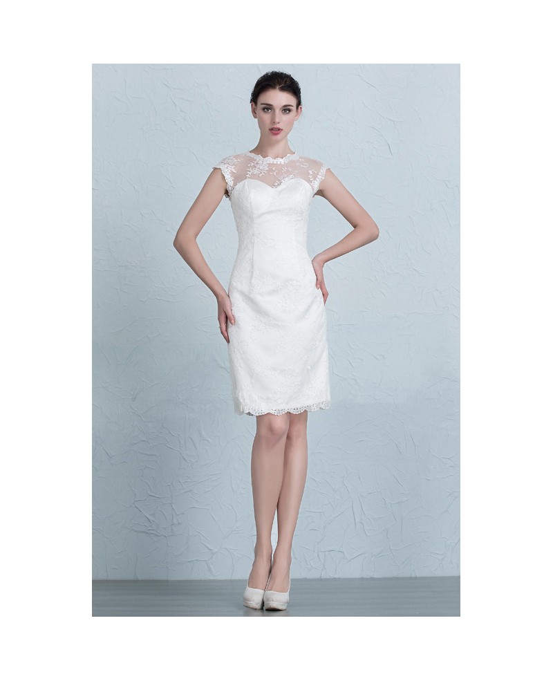 Modest Sheath Scoop Neck Short Lace Wedding Dress - Click Image to Close