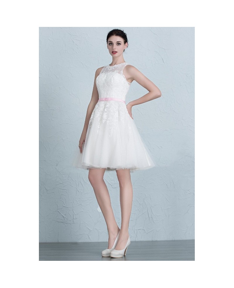 Cute A-Line Scoop Neck Short Tulle Wedding Dress With Appliques Lace - Click Image to Close