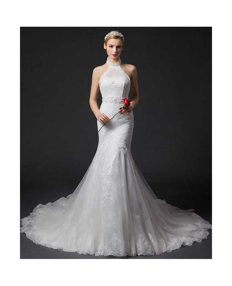 Romantic Mermaid Halter Chapel Train Tulle Wedding Dress With Appliques Lace