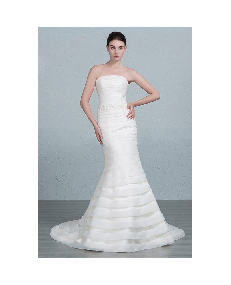 Elegant Mermaid Strapless Sweep Train Organza Wedding Dress With Beading