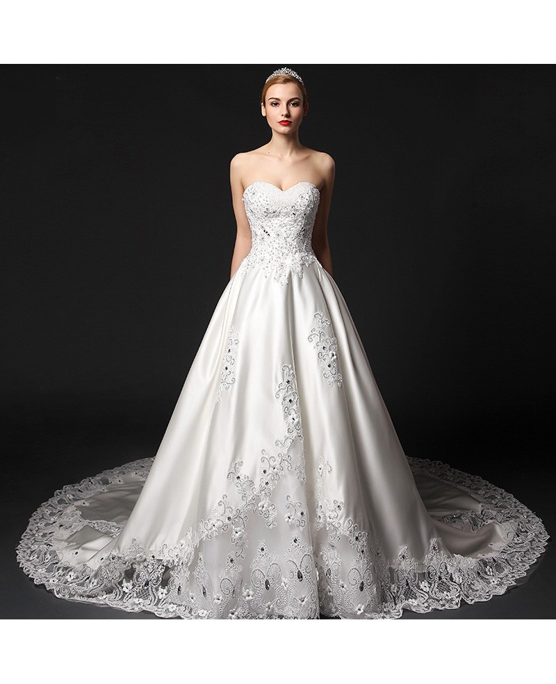 Glamourous Ball-Gown Sweetheart Chapel Train Satin Wedding Dress With Beading Appliques Lace - Click Image to Close
