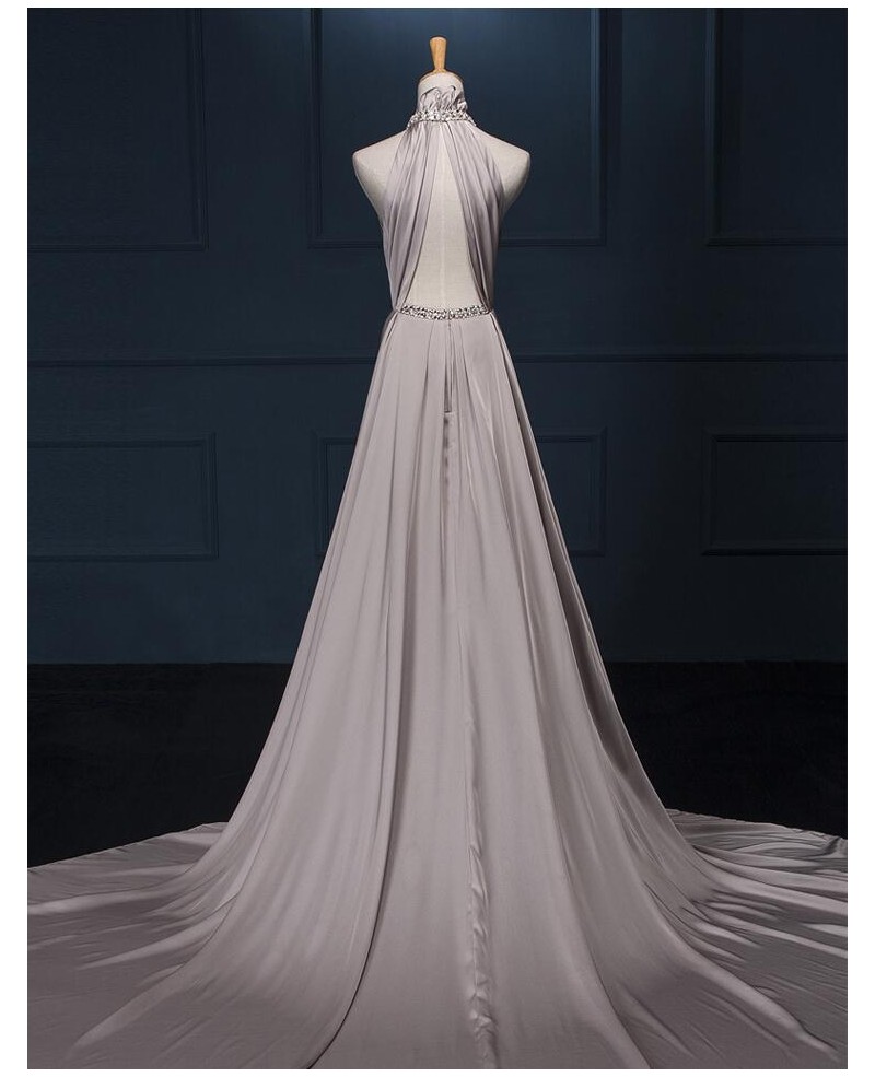 Luxurious Sheath Halter Chapel Train Satin Chiffon Wedding Dress With Beading - Click Image to Close