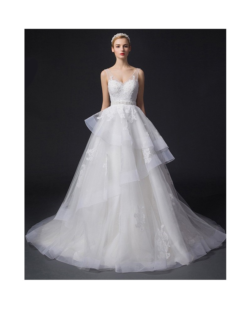 Dreamy Ball-Gown V-neck Court Train Tulle Wedding Dress With Appliques Lace - Click Image to Close