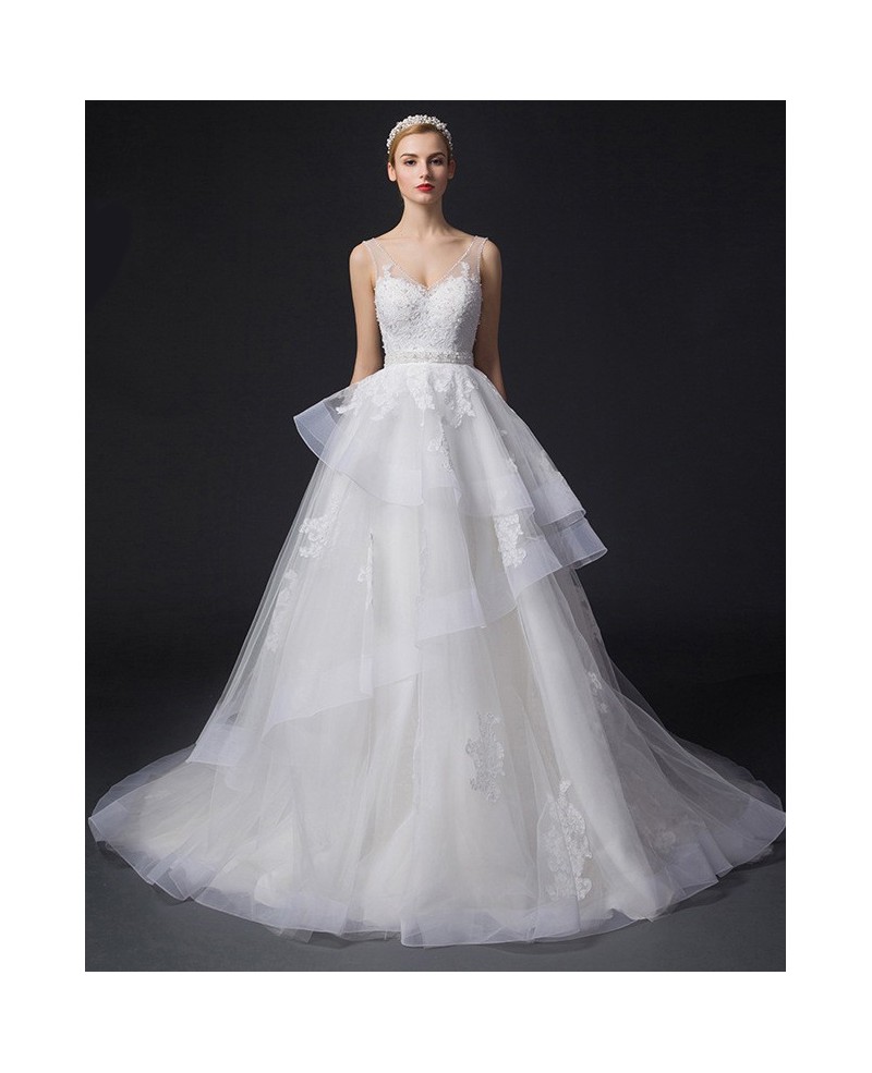 Dreamy Ball-Gown V-neck Court Train Tulle Wedding Dress With Appliques Lace