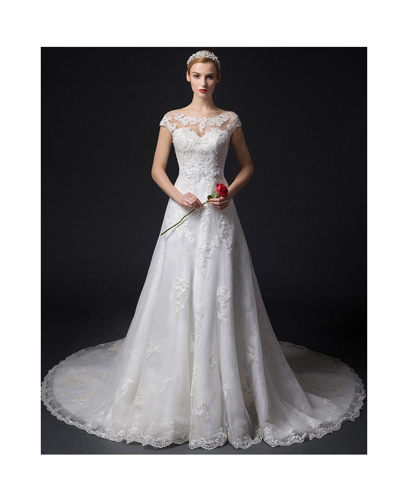 Feminine A-Line Scoop Neck Court Train Tulle Wedding Dress With Appliques Lace - Click Image to Close