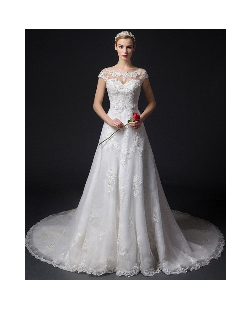 Feminine A-Line Scoop Neck Court Train Tulle Wedding Dress With Appliques Lace